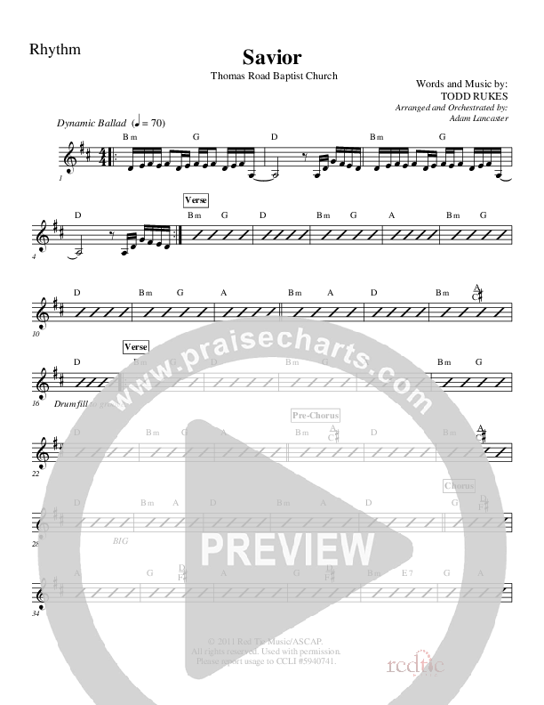 Savior Rhythm Chart (Charles Billingsley / Red Tie Music)