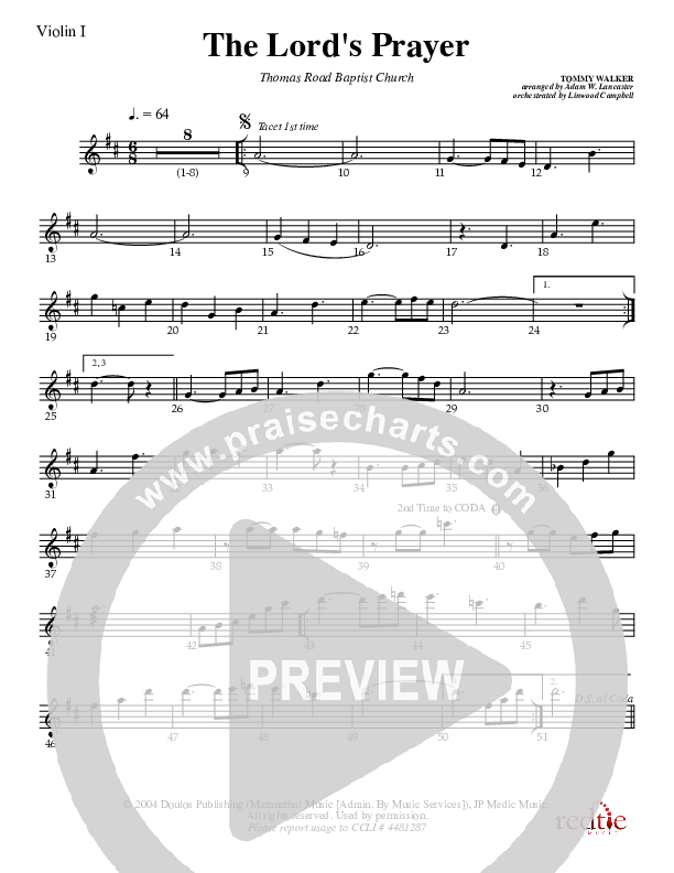 The Lord's Prayer Violin 1 (Charles Billingsley)