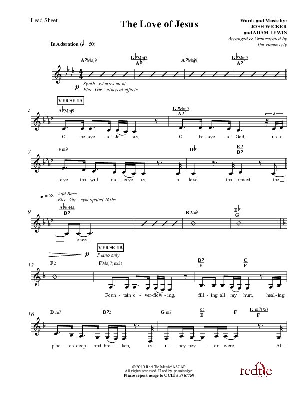 The Love Of Jesus Lead Sheet (LU Praise / Red Tie Music)