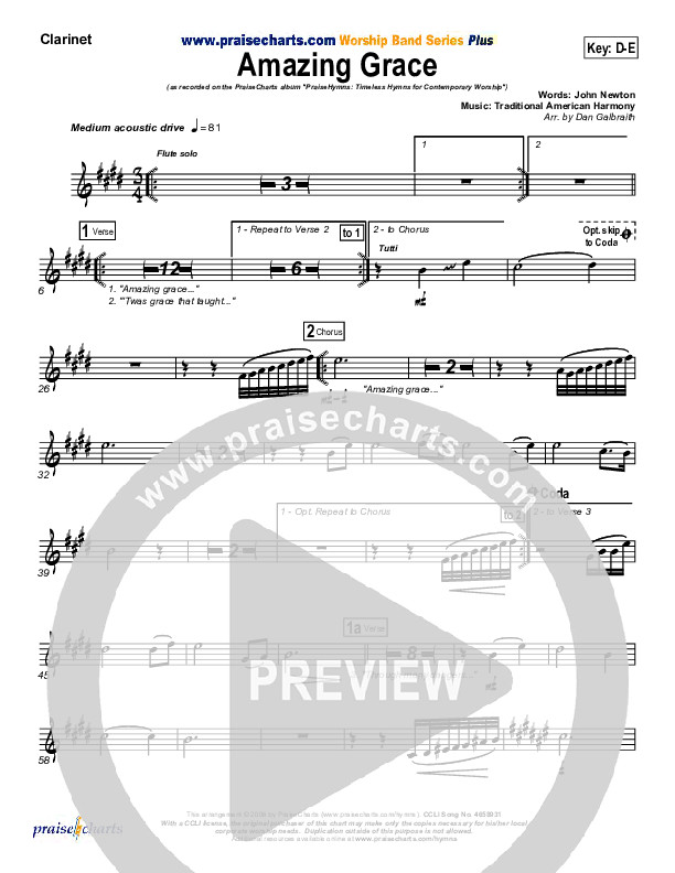 Amazing Grace Clarinet (PraiseCharts Band / Arr. Daniel Galbraith)
