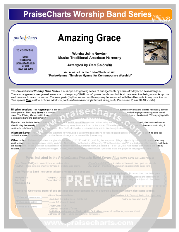 Amazing Grace Cover Sheet (PraiseCharts Band / Arr. Daniel Galbraith)