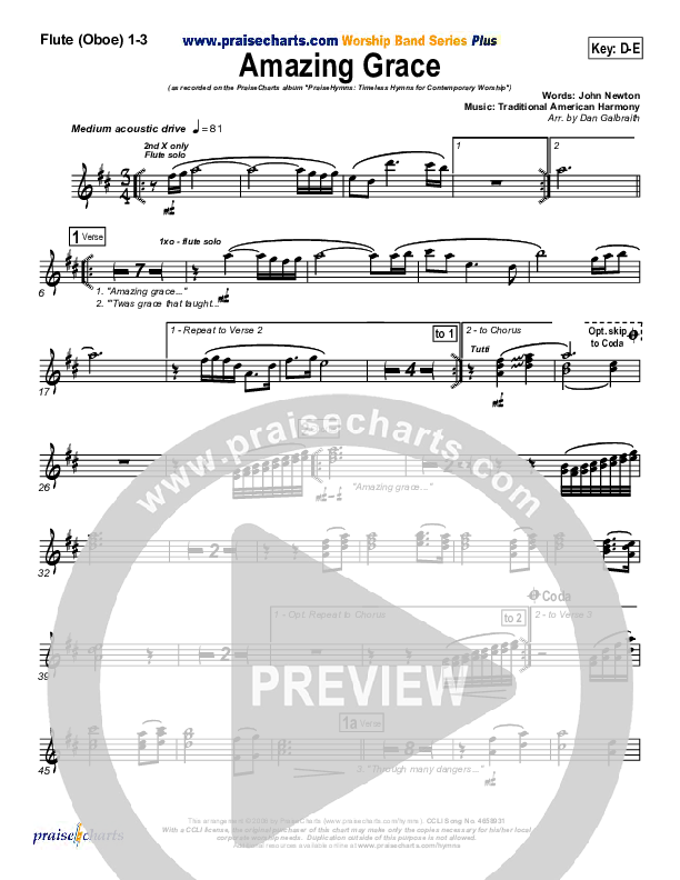Amazing Grace Flute/Oboe 1/2/3 (PraiseCharts Band / Arr. Daniel Galbraith)