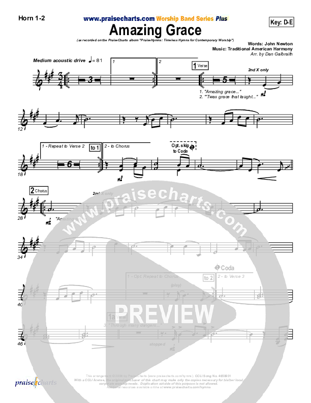 Amazing Grace French Horn 1/2 (PraiseCharts Band / Arr. Daniel Galbraith)