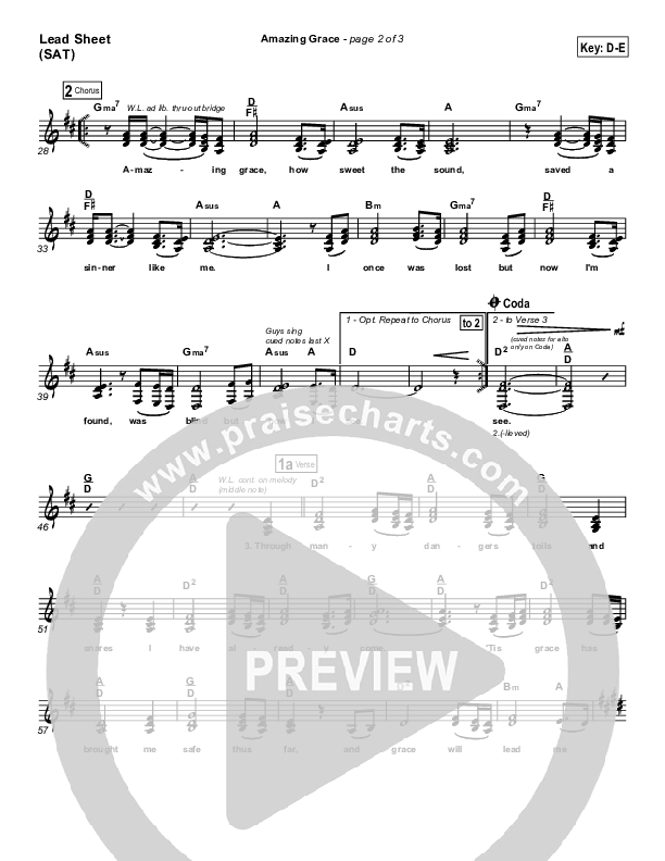 Amazing Grace Lead Sheet (PraiseCharts Band / Arr. Daniel Galbraith)