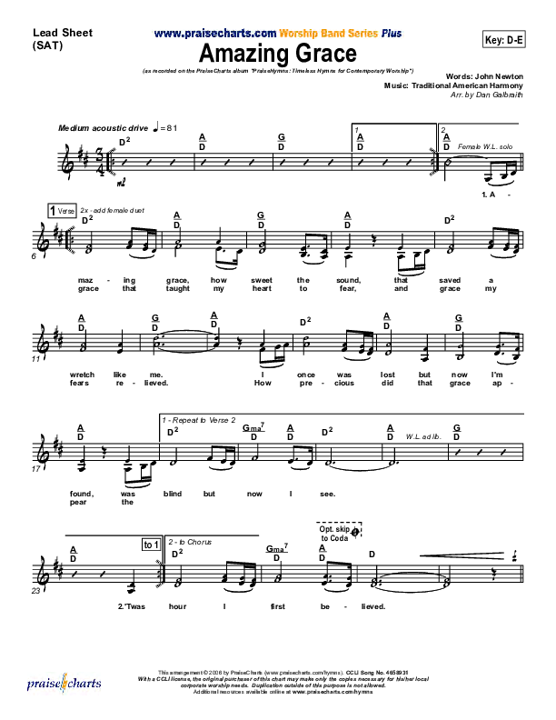 Amazing Grace Lead Sheet (SAT) (PraiseCharts Band / Arr. Daniel Galbraith)