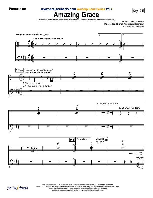 Amazing Grace Percussion (PraiseCharts Band / Arr. Daniel Galbraith)