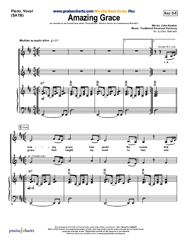 Amazing Grace Piano/Vocal (PraiseCharts Band / Arr. Daniel Galbraith)
