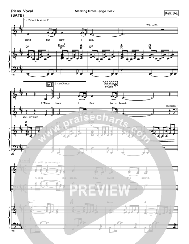 Amazing Grace Piano/Vocal (PraiseCharts Band / Arr. Daniel Galbraith)