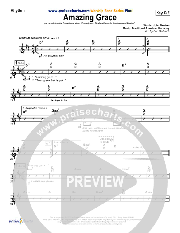 Amazing Grace Rhythm Chart (PraiseCharts Band / Arr. Daniel Galbraith)