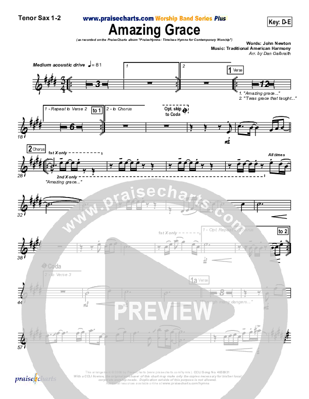 Amazing Grace Tenor Sax 1/2 (PraiseCharts Band / Arr. Daniel Galbraith)