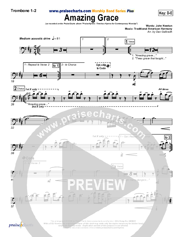 Amazing Grace Trombone 1/2 (PraiseCharts Band / Arr. Daniel Galbraith)