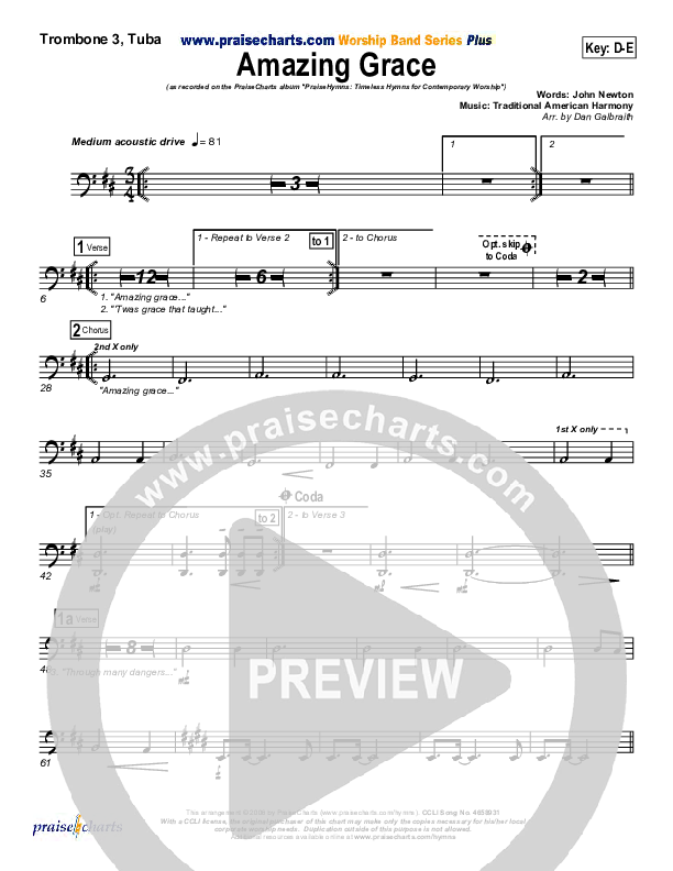 Amazing Grace Trombone 3/Tuba (PraiseCharts Band / Arr. Daniel Galbraith)