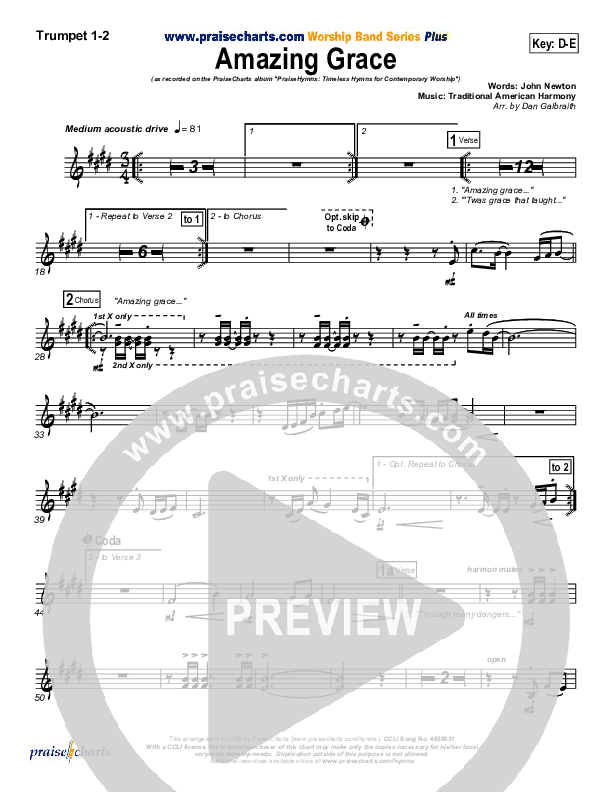 Amazing Grace Trumpet 1,2 (PraiseCharts Band / Arr. Daniel Galbraith)