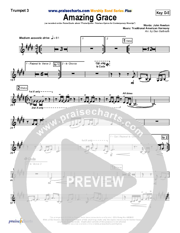 Amazing Grace Trumpet 3 (PraiseCharts Band / Arr. Daniel Galbraith)