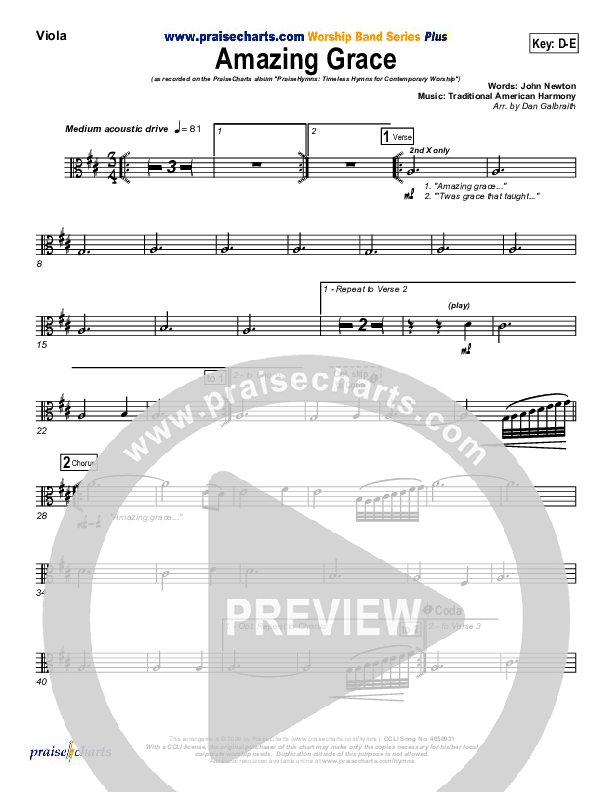 Amazing Grace Viola (PraiseCharts Band / Arr. Daniel Galbraith)