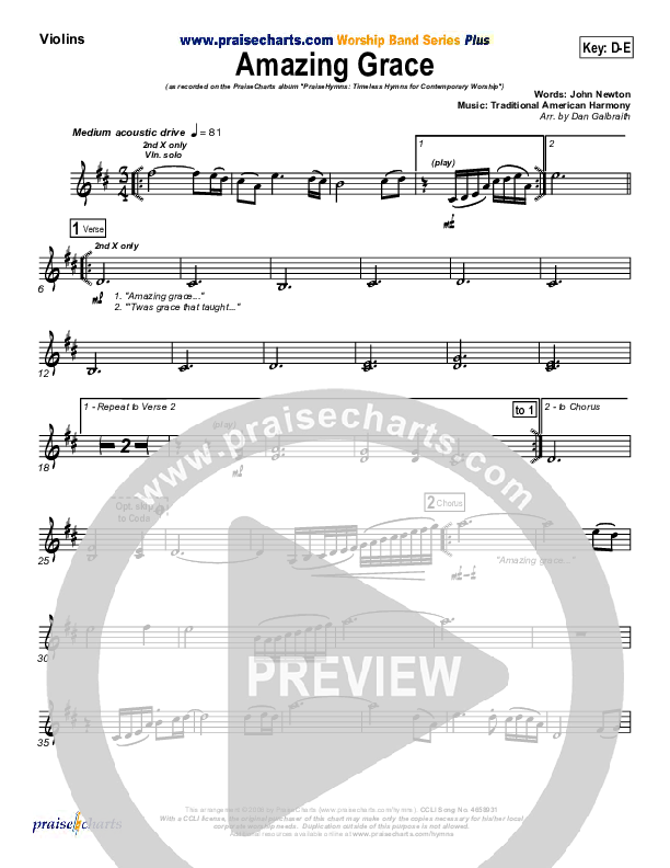 Amazing Grace Violins (PraiseCharts Band / Arr. Daniel Galbraith)