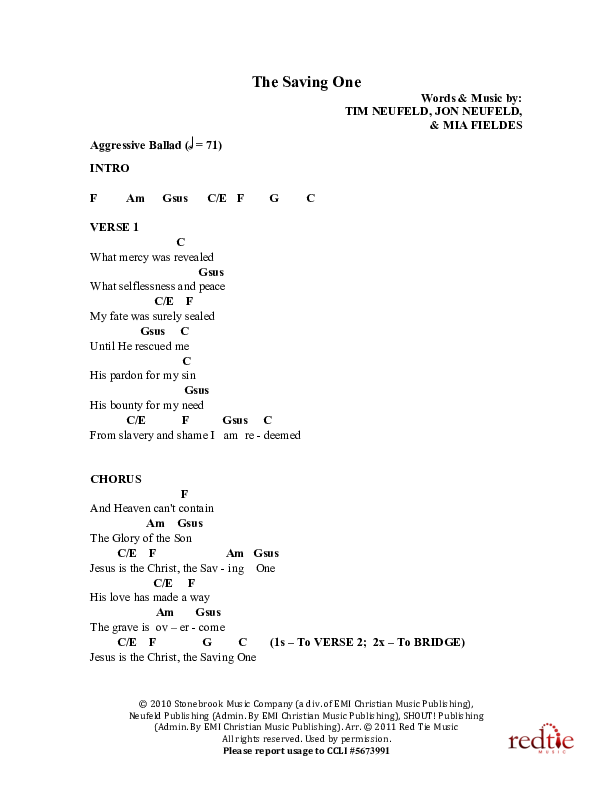 The Saving One Chord Chart (Charles Billingsley / Red Tie Music)