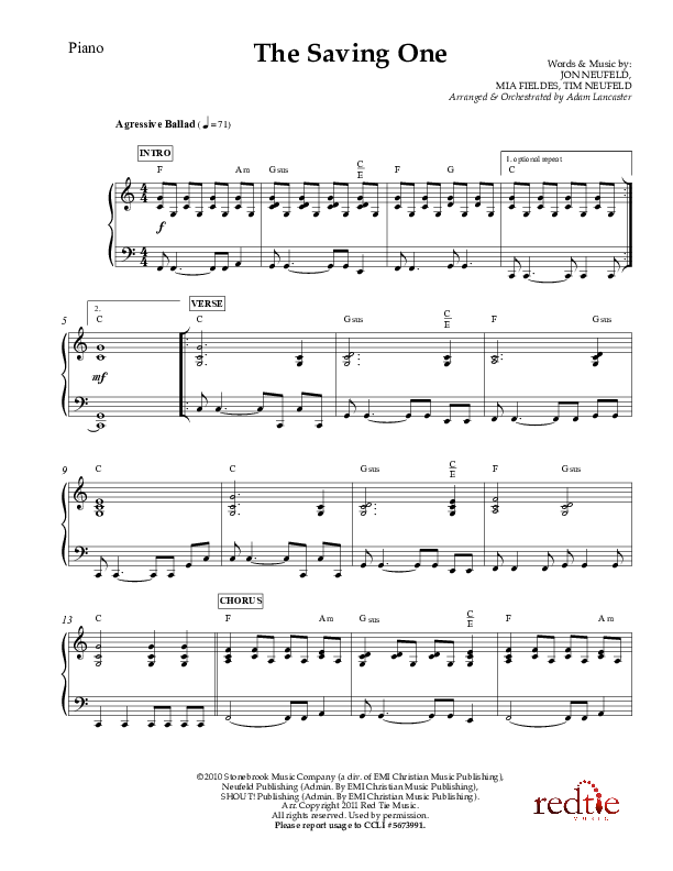 The Saving One Piano Sheet (Charles Billingsley / Red Tie Music)