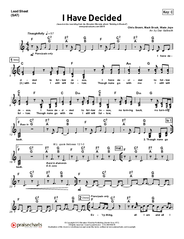 I Have Decided Lead Sheet (SAT) (Elevation Worship)