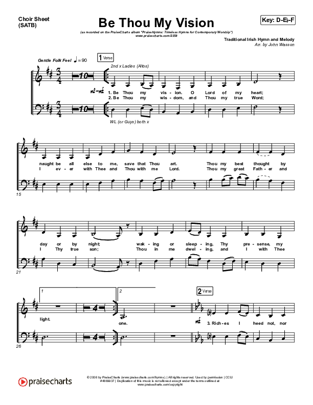 Be Thou My Vision Choir Vocals (SATB) (PraiseCharts Band / Arr. John Wasson)