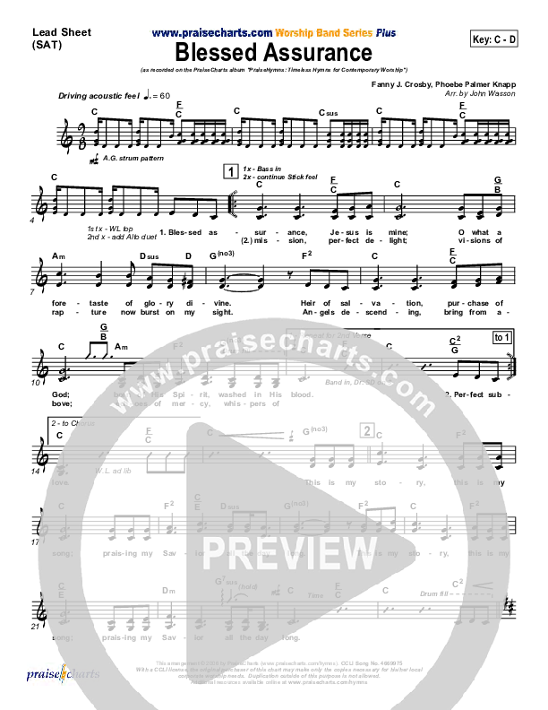 Blessed Assurance Lead Sheet (SAT) (PraiseCharts Band)