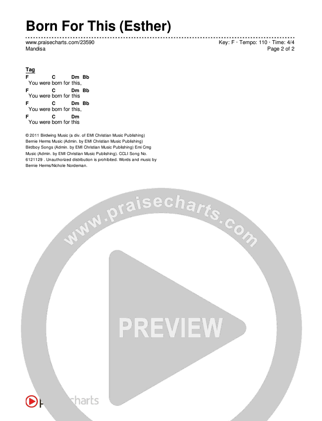 Born For This (Esther) Chords & Lyrics (Mandisa)