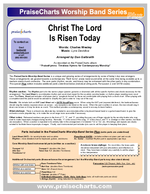 Christ The Lord Is Risen Today Cover Sheet (PraiseCharts Band / Arr. Daniel Galbraith)