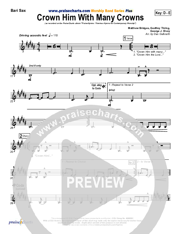 Crown Him With Many Crowns Bari Sax (PraiseCharts Band / Arr. Daniel Galbraith)