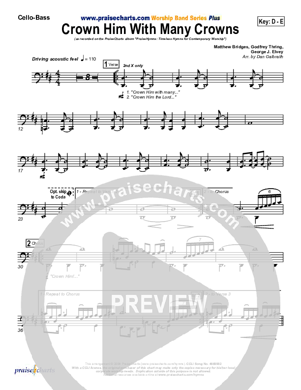 Crown Him With Many Crowns Cello/Bass (PraiseCharts Band / Arr. Daniel Galbraith)