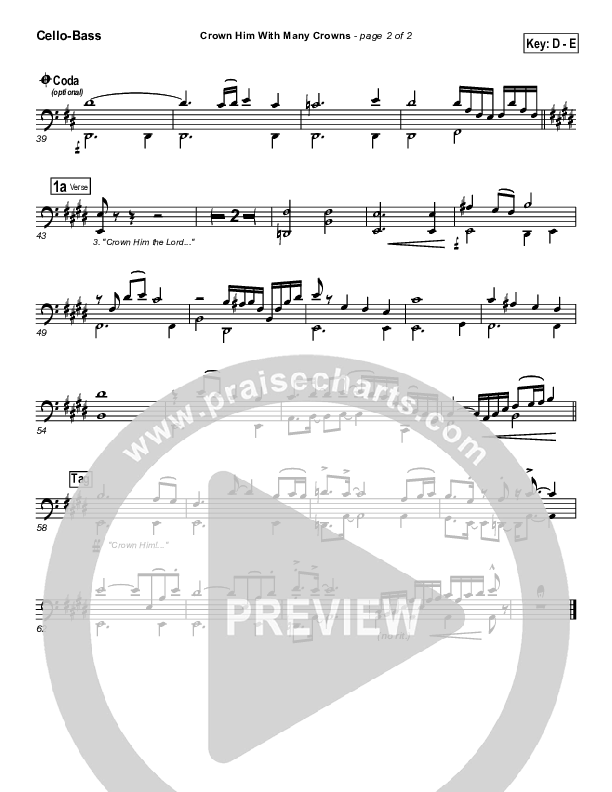 Crown Him With Many Crowns Cello/Bass (PraiseCharts Band / Arr. Daniel Galbraith)