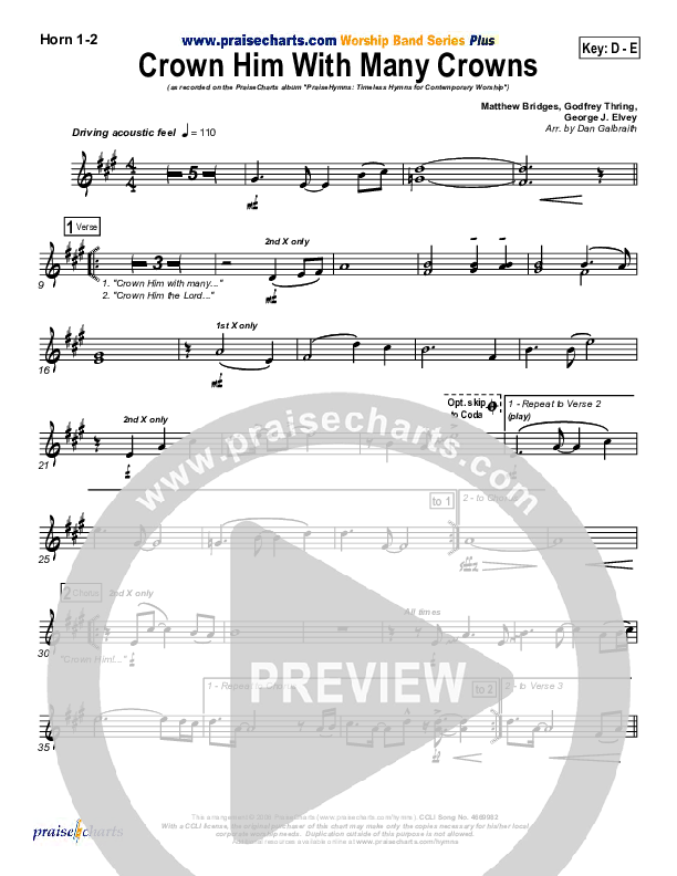 Crown Him With Many Crowns French Horn 1/2 (PraiseCharts Band / Arr. Daniel Galbraith)