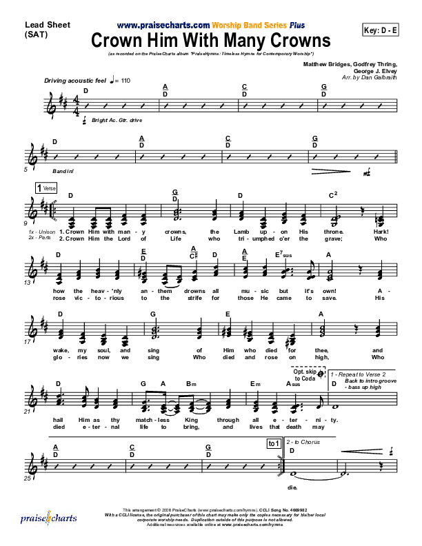 Crown Him With Many Crowns Lead Sheet (SAT) (PraiseCharts Band / Arr. Daniel Galbraith)