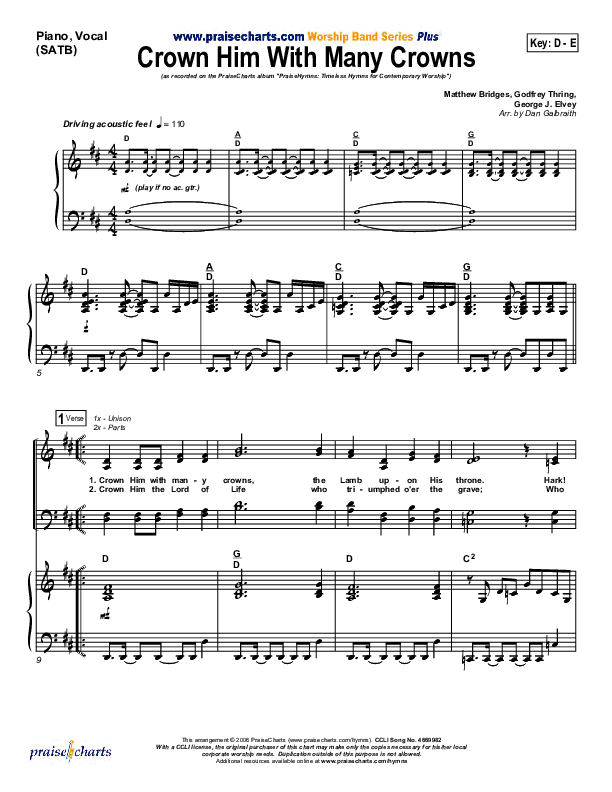 Crown Him With Many Crowns Piano/Vocal (PraiseCharts Band / Arr. Daniel Galbraith)