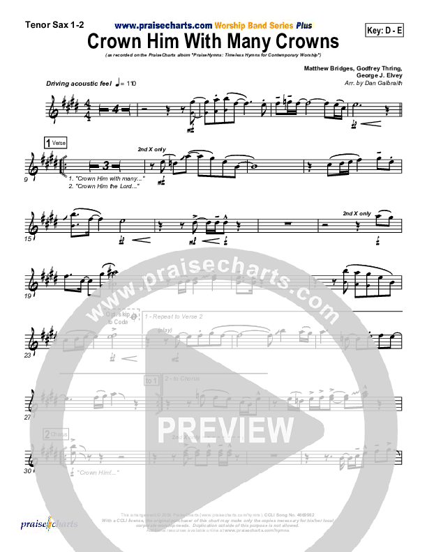 Crown Him With Many Crowns Tenor Sax 1/2 (PraiseCharts Band / Arr. Daniel Galbraith)