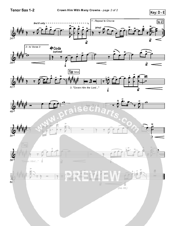 Crown Him With Many Crowns Tenor Sax 1/2 (PraiseCharts Band / Arr. Daniel Galbraith)