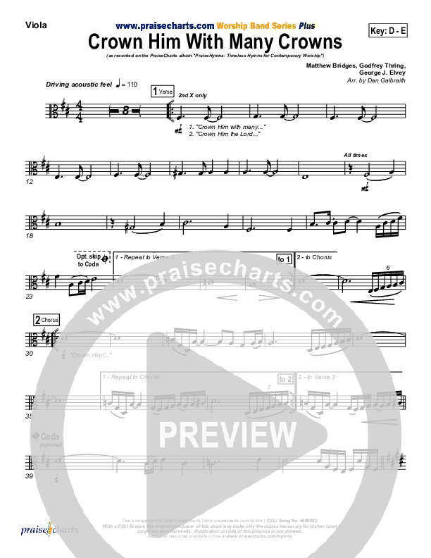 Crown Him With Many Crowns Viola (PraiseCharts Band / Arr. Daniel Galbraith)