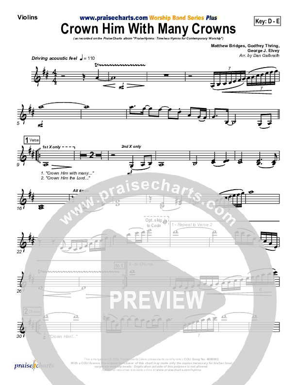 Crown Him With Many Crowns Violins (PraiseCharts Band / Arr. Daniel Galbraith)