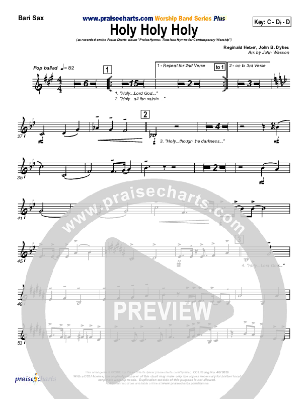 Holy Holy Holy Bari Sax (PraiseCharts Band / Arr. John Wasson)