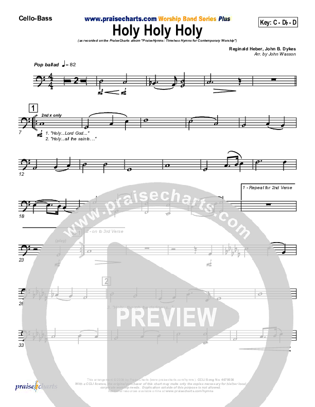 Holy Holy Holy Cello/Bass (PraiseCharts Band / Arr. John Wasson)