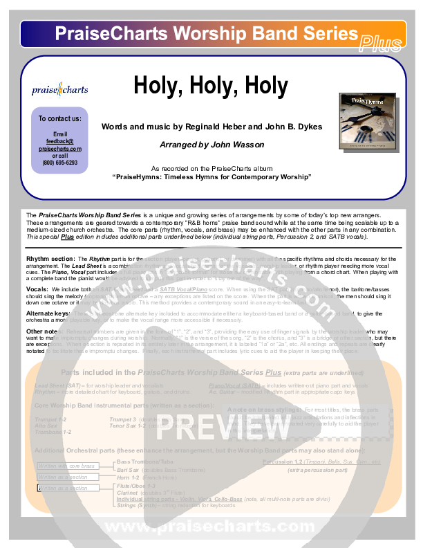 Holy Holy Holy Cover Sheet (PraiseCharts Band / Arr. John Wasson)