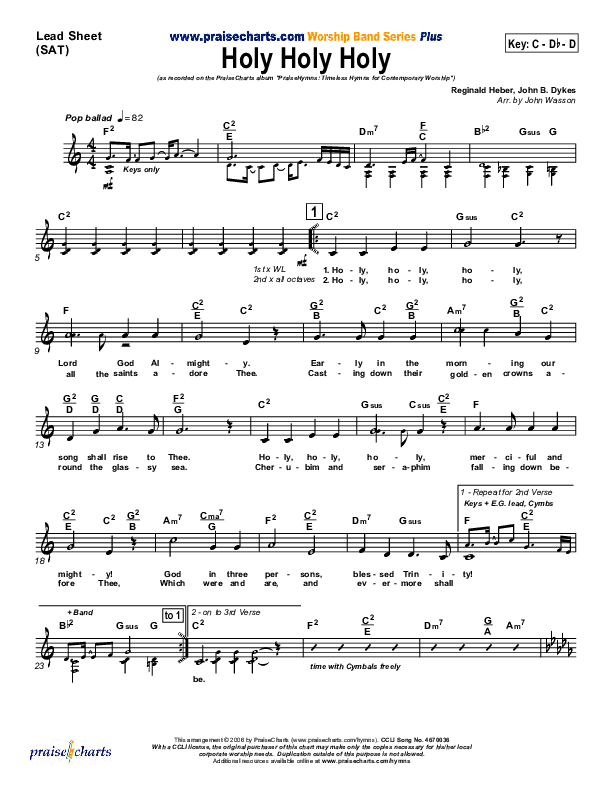 Holy Holy Holy Lead Sheet (SAT) (PraiseCharts Band / Arr. John Wasson)
