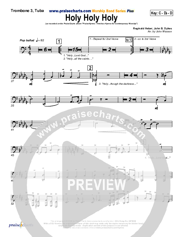 Holy Holy Holy Trombone 3/Tuba (PraiseCharts Band / Arr. John Wasson)