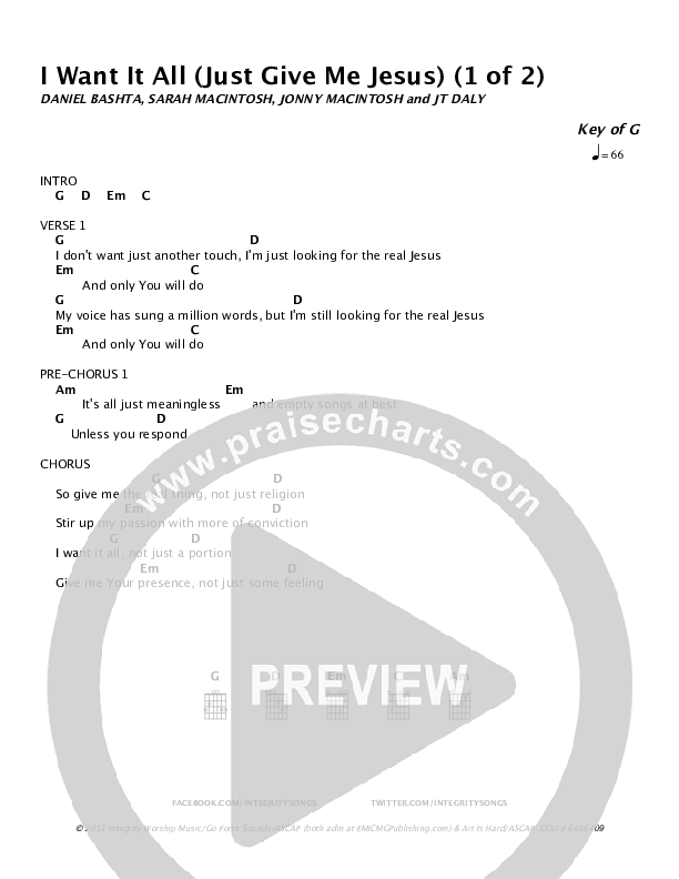 I Want It All (Just Give Me Jesus) Chord Chart (Daniel Bashta)