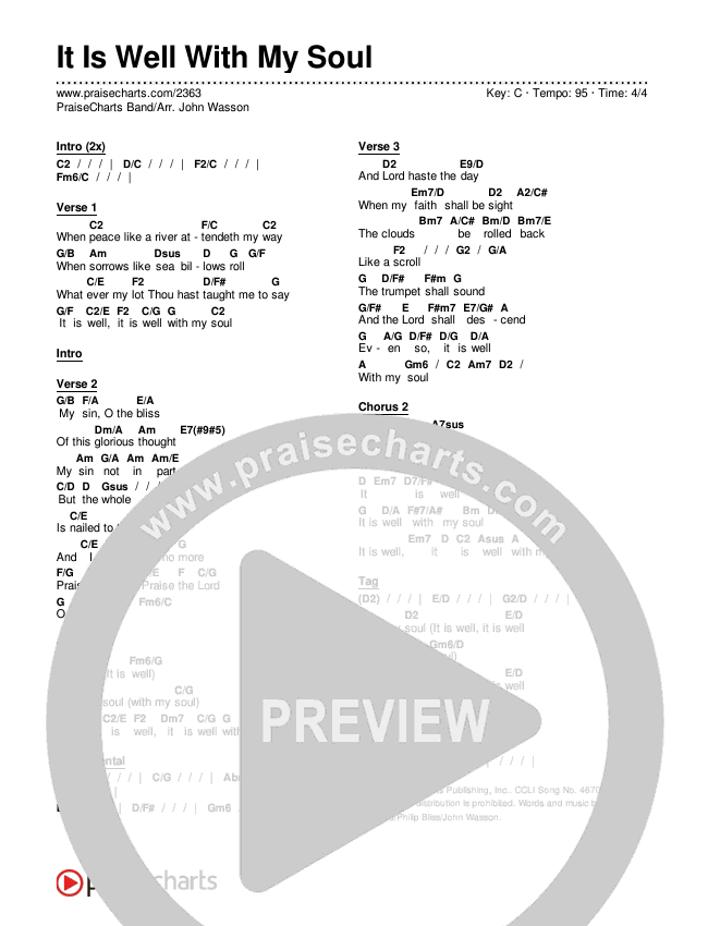 It Is Well With My Soul Chords & Lyrics (PraiseCharts Band / Arr. John Wasson)