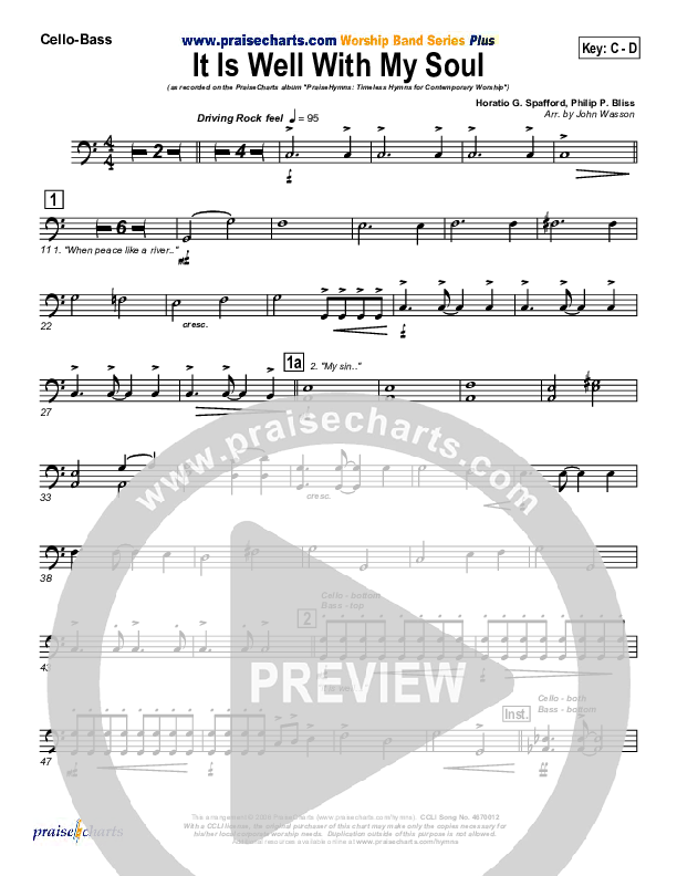 It Is Well With My Soul Cello/Bass (PraiseCharts Band / Arr. John Wasson)