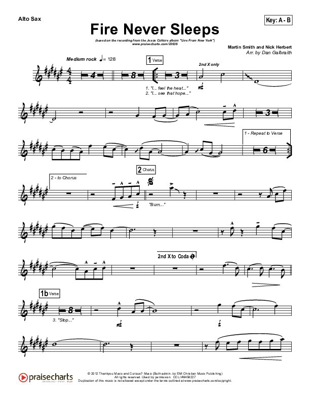 Fire Never Sleeps Alto Sax (Martin Smith / Jesus Culture)