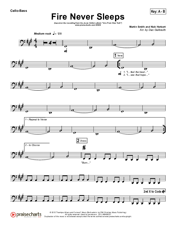 Fire Never Sleeps Cello/Bass (Martin Smith / Jesus Culture)