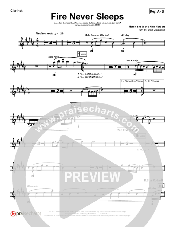 Fire Never Sleeps Clarinet (Martin Smith / Jesus Culture)