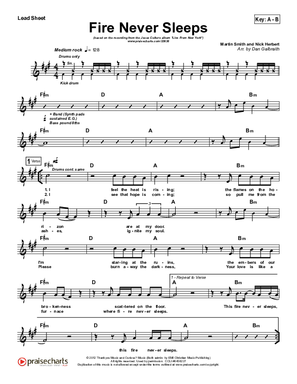 Fire Never Sleeps Lead Sheet (Martin Smith / Jesus Culture)