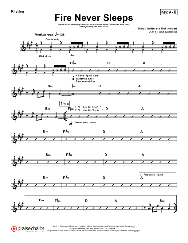 Fire Never Sleeps Rhythm Chart (Martin Smith / Jesus Culture)